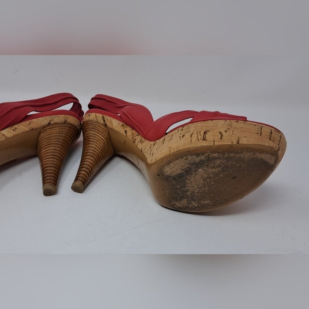 Louis Vuitton Red Leather Platform Slingback Sandals Deerskin Cork 37.5 EU / 7.5 - Picture 14 of 16
